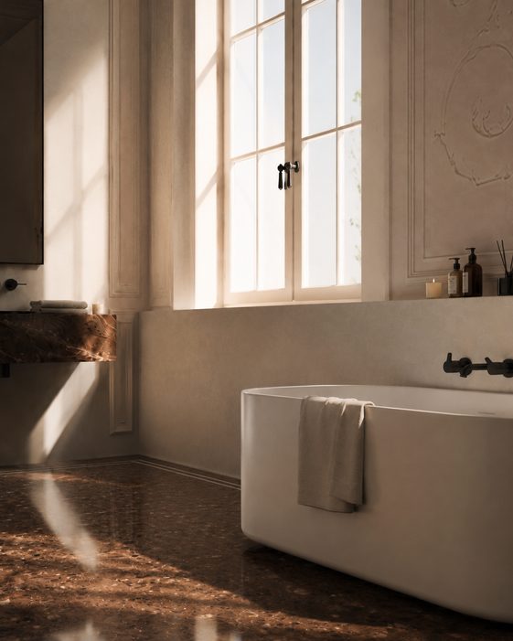 Dettaglio del bagno: vasca e stucco restaurato