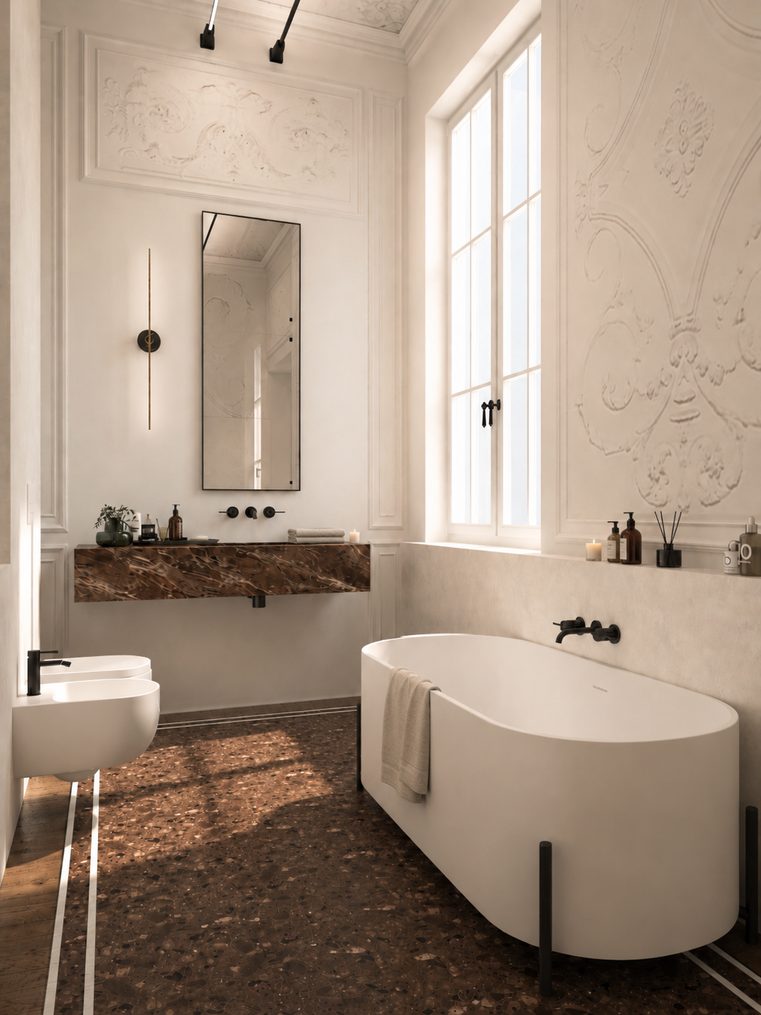 Bagno con vasca freestanding, marmo e stucchi alle pareti