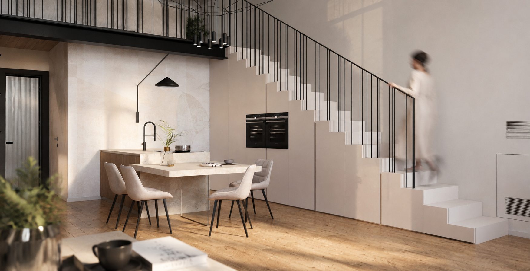 Cucina con scala a gradoni verso il soppalco