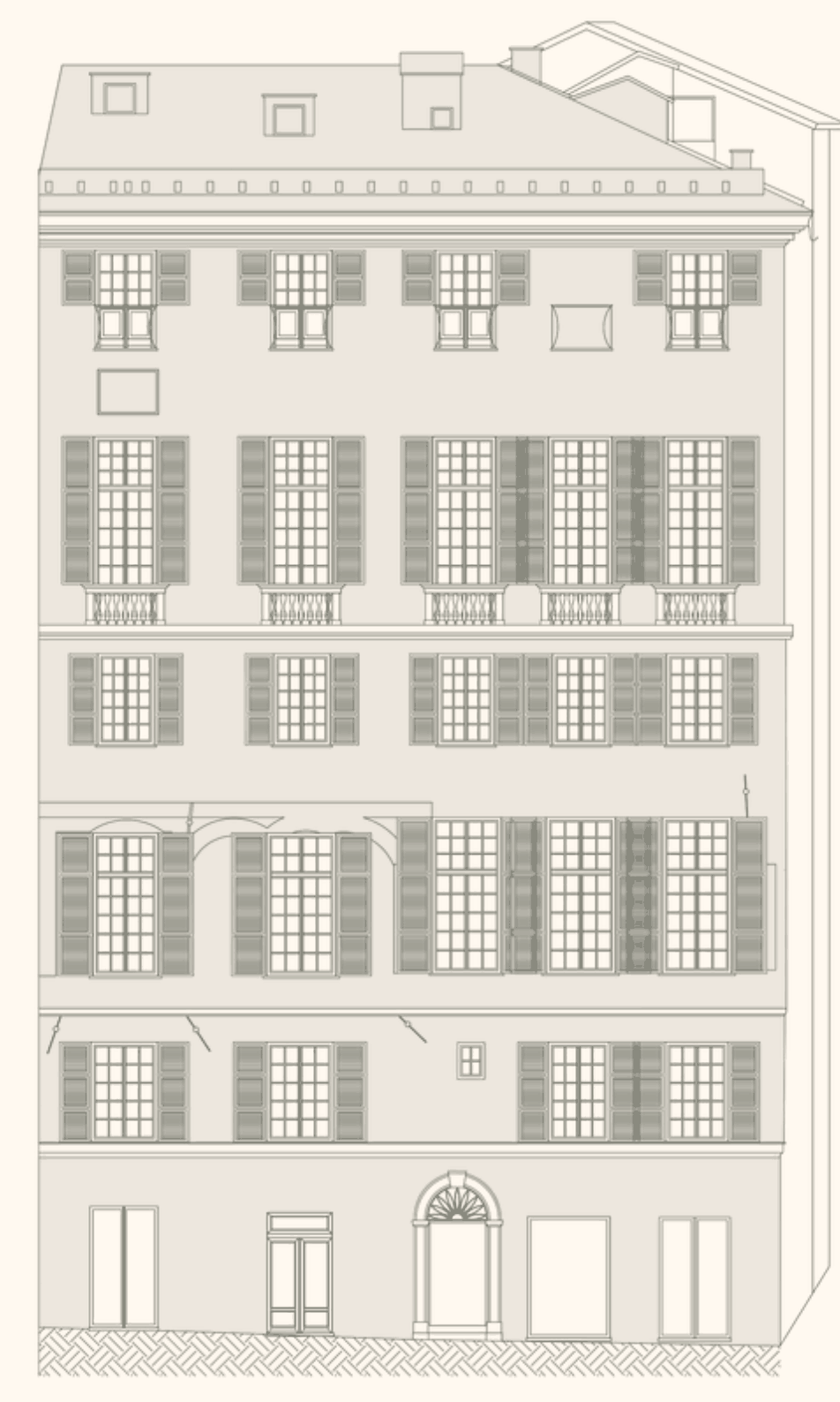 Prospetto del palazzo con i sei livelli