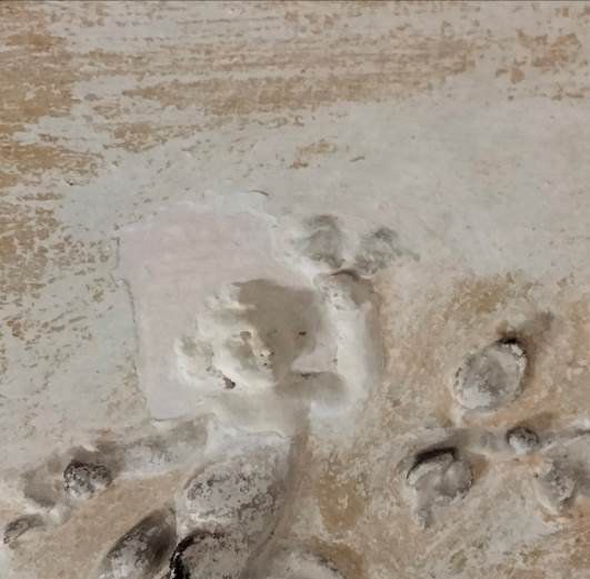 Tassello sulla volta: un puttino in stucco con la colorazione originale
